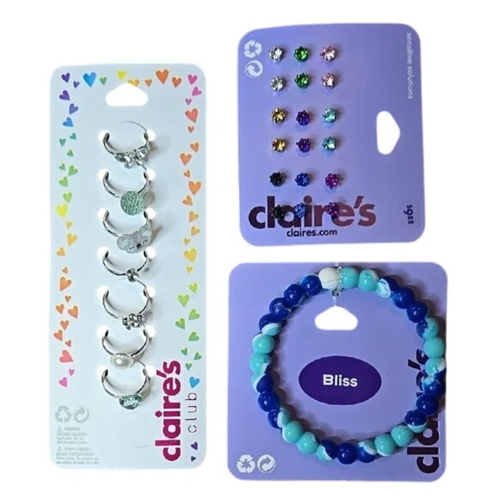 Claire's Jewelry Bundle, 7 Rings, 1 Bracelet, 9 Pairs of Earrings, NEW